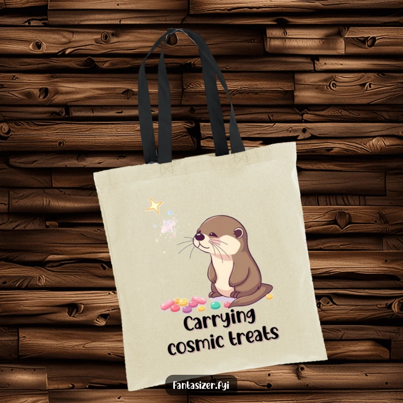 Funny tote bag with a curious otter gazing at a sparkling galaxy made of tiny, glowing candies.