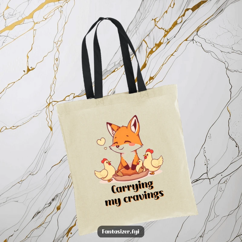 Funny happy fox daydreaming of a feast of plump chickens, illustrated on a stylish tote bag. A humorous and practical accessory for carrying daily items.