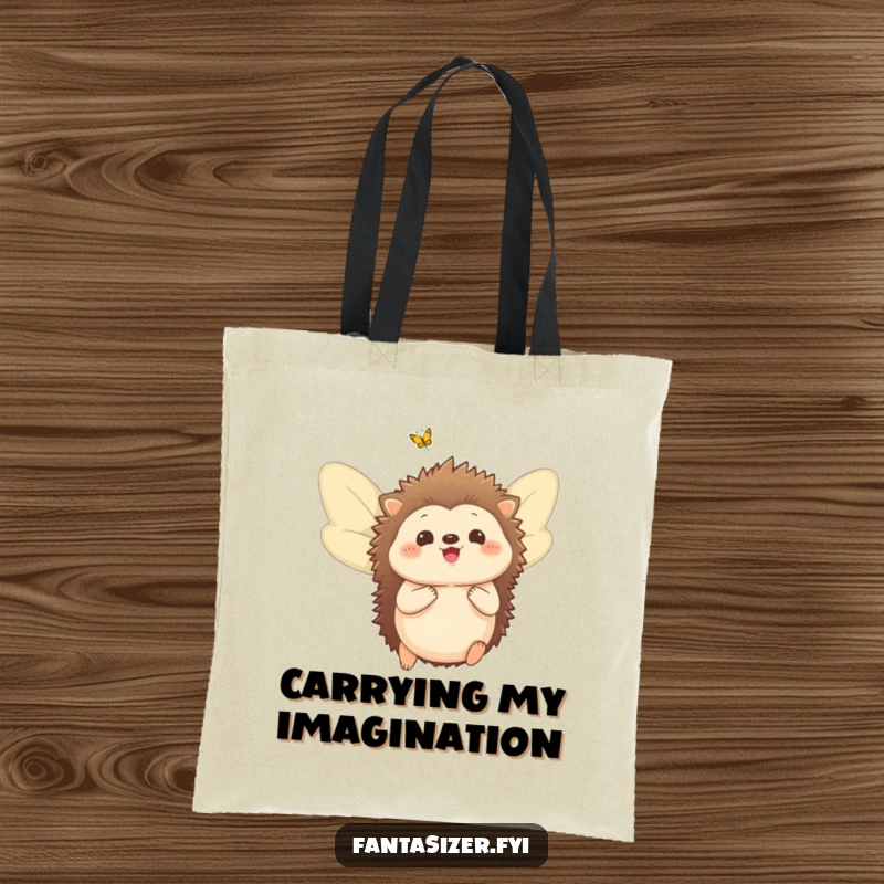 Funny tote bag depicting a delighted hedgehog with beautiful butterfly wings, ready for imaginative journeys.
