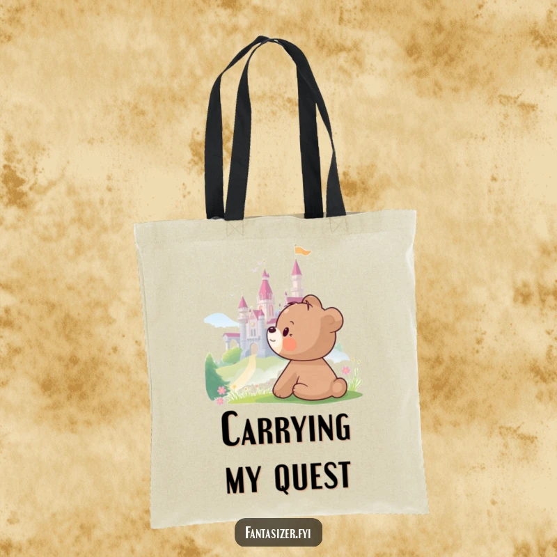 Funny Bear Tote Bag illustrating a bear cub looking at a castle, perfect for carrying items with humorous aspiration.