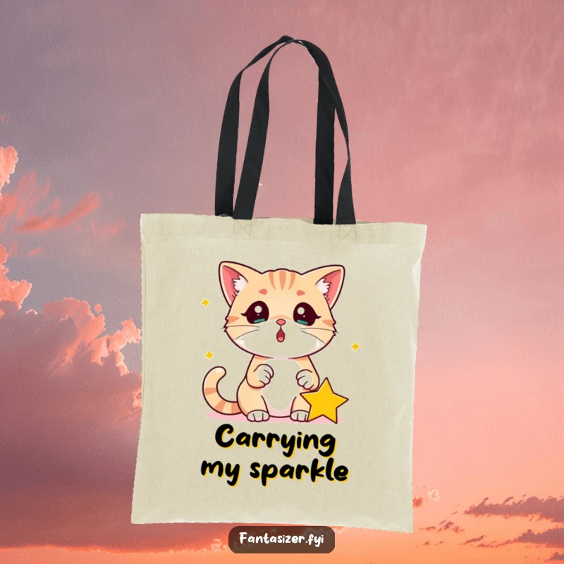 Funny Surprised Cat Tote Bag: Cat looks surprised at a fallen star in its paw, ideal for errands and a funny gift.