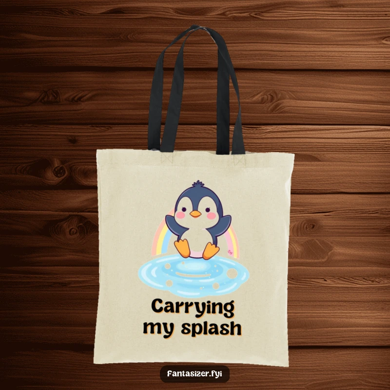 Funny tote bag featuring a joyful penguin character on a rainbow slide, designed for carrying essentials with a smile.