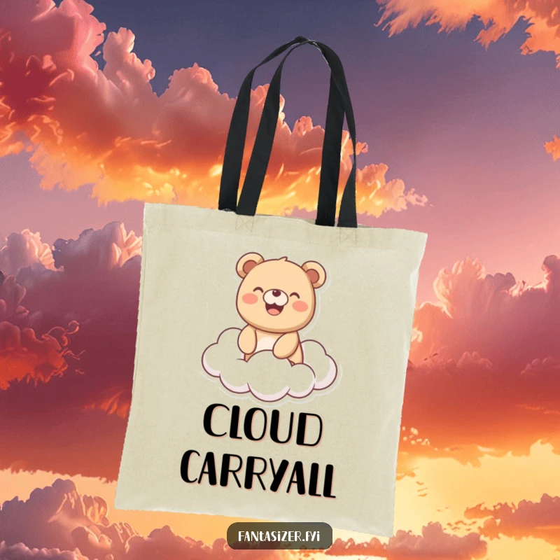 Funny Bear Tote Bag: Smiling bear joyfully riding a fluffy cloud, a whimsical and practical bag for happy adventures.