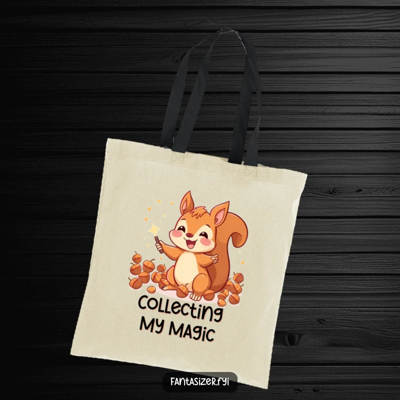 Funny joyous squirrel conjuring sparkling acorns with a magic wand, a practical and magical tote bag.