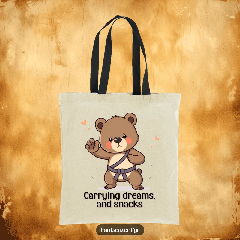 Funny tote bag showcasing a determined bear cub practicing martial arts in a vibrant dream, ready for adventure.