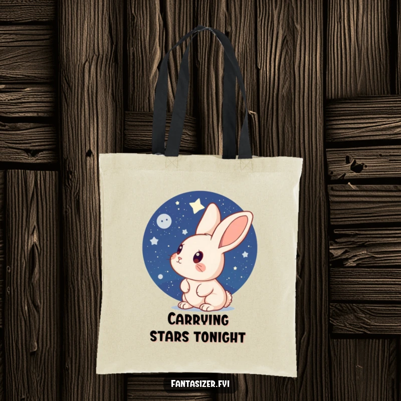 Funny Rabbit Tote Bag: A curious rabbit looking up at a vast, starry night sky, ideal for carrying books, groceries, or dreams.