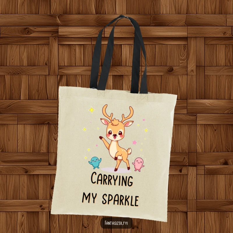 Funny tote bag featuring a cheerful deer dancing with imaginary sparkling creatures, perfect for carrying treasures.