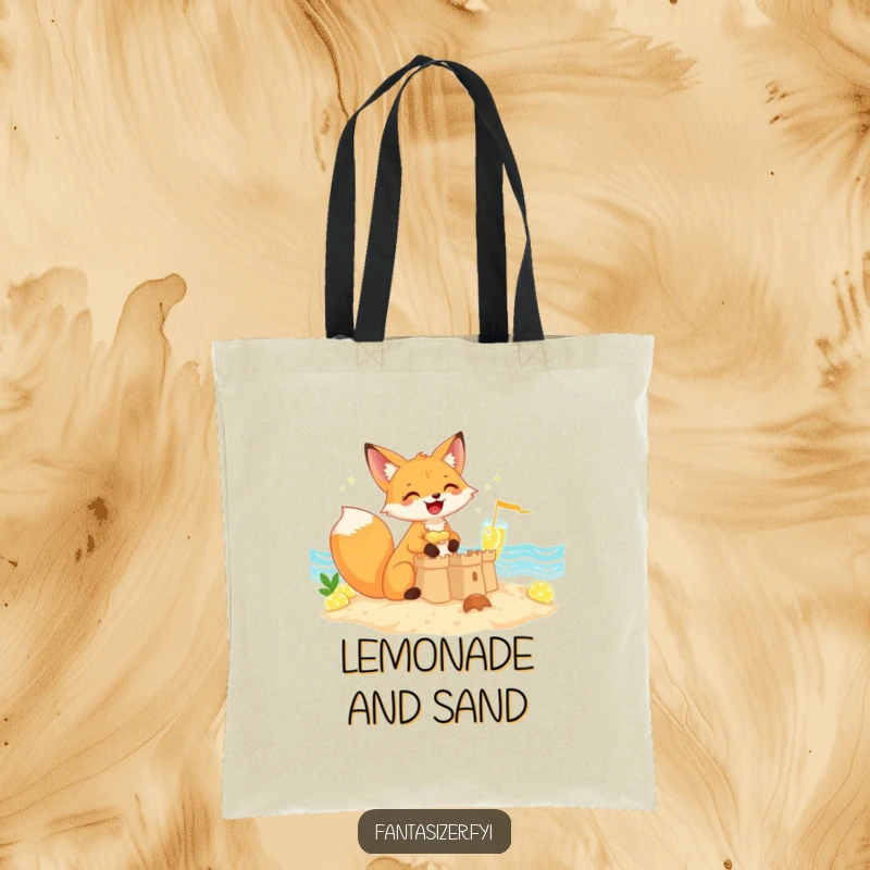Funny giggling fox constructing a sandcastle with lemonade waves, tote bag, great funny gift for shoppers.