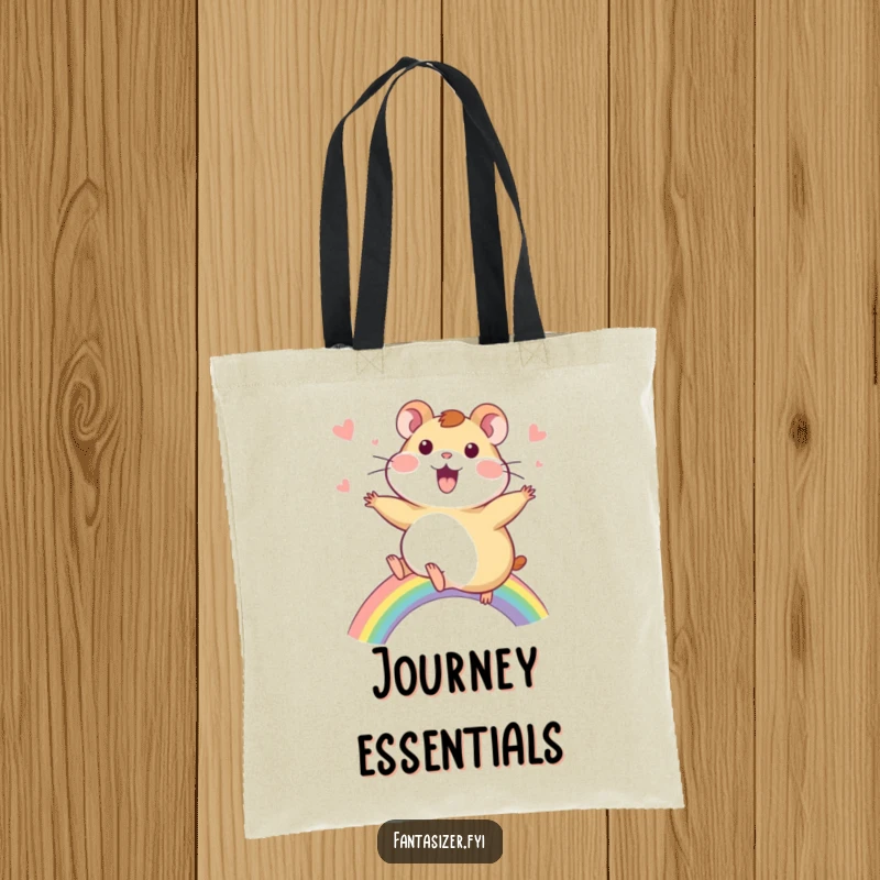 Funny Hamster Tote Bag: A delighted hamster rides a vibrant rainbow with a look of awe, perfect for carrying happy thoughts.