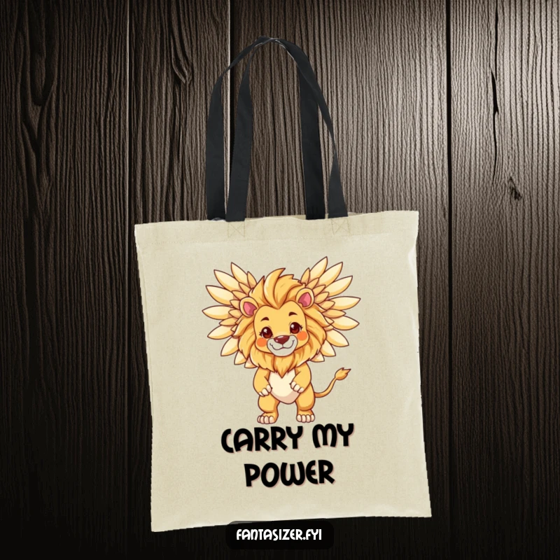 Funny Lion Power Tote Bag, featuring a lion transforming into a majestic winged creature, symbolizing personal power.