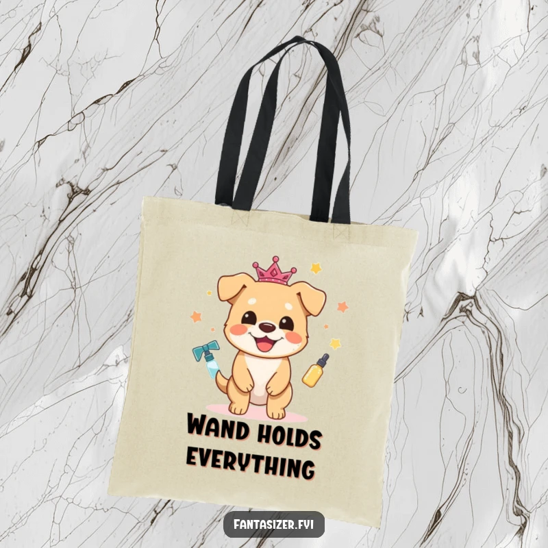 Funny Dog Tote Bag: A joyful dog character magically transforms everyday items into shimmering, fantastical objects, perfect for errands.