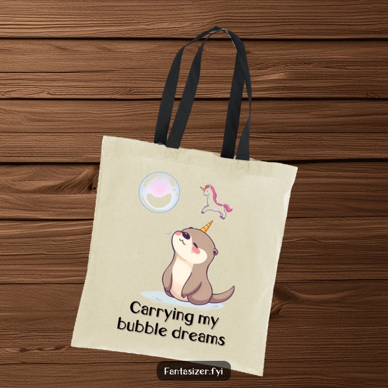 Funny tote bag featuring a happy otter admiring a soap bubble unicorn, ideal for carrying essentials with a dose of playful magic.