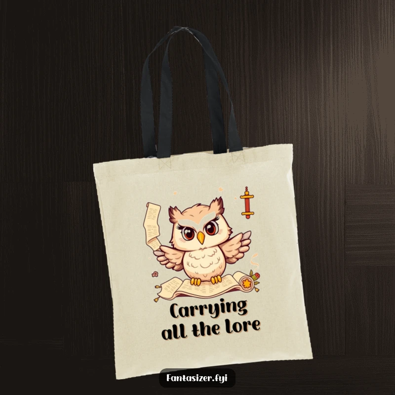 Funny tote bag featuring a delighted owl and ancient scrolls, perfect for carrying books with academic and humorous flair.