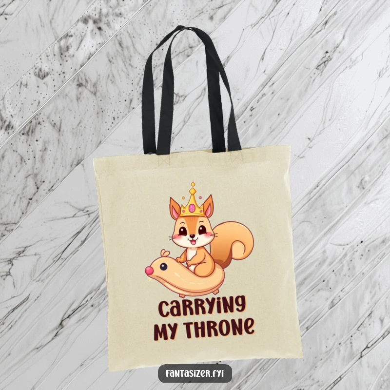 Funny squirrel tote bag with a whimsical crown riding a majestic, flying pastry, a regal and humorous carry-all.