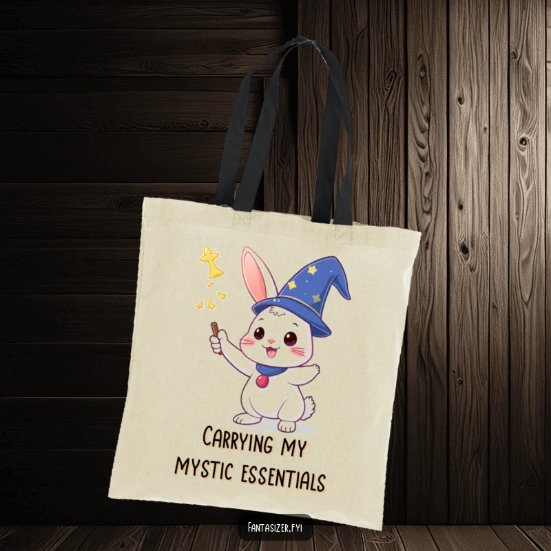 Funny tote bag with a triumphant rabbit in a wizard hat casting a spell, ready for magical adventures.