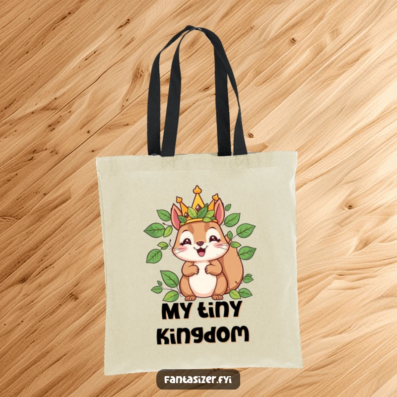 Funny tote bag with a squirrel king adorned in a leaf crown, ready to rule over essentials with whimsical authority.