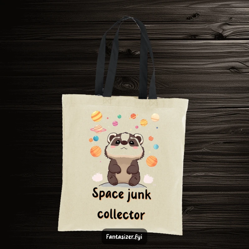 Funny tote bag with a whimsical badger looking up at a sky filled with colorful planets, ideal for carrying essentials with a smile.